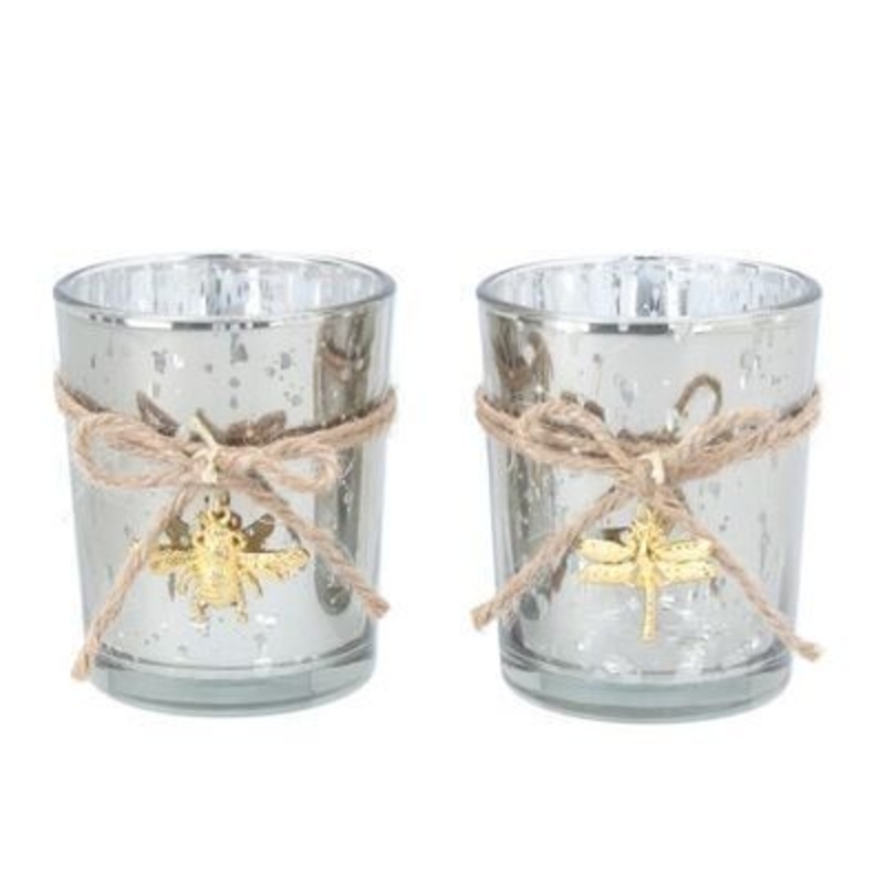 Silver glass tea light holder with string and gold bug detail. A lovely addition to your home for Spring and the perfect gift for Mothers day. 2 designs. By Gisela Graham.